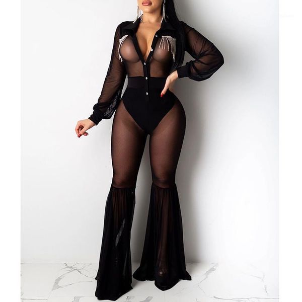 

women sheer mesh black jumpsuit button down flare long pants classy party clubwear chic see through jumpsuits1, Black;white