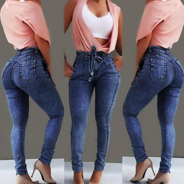 

women skinny jeans with tasseled waistband 2020 fashion new high waist pencil denim pants stretch denim trousers d301, Blue