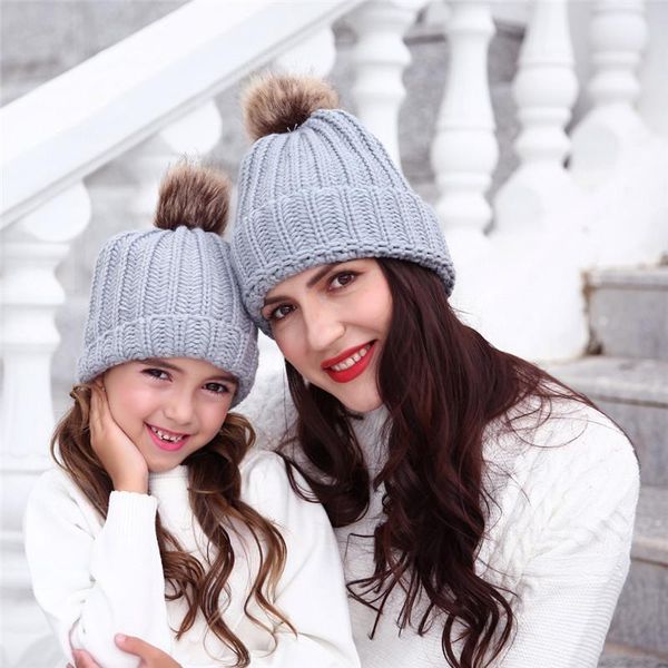 

2pcs/set winter kid hat mom warm hats mother daughter cap fur ball pompom knitted caps for boys girl wool hats child beanie cap, Blue;gray