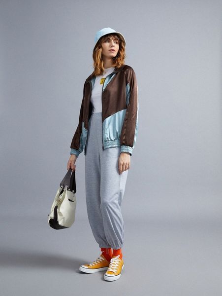 

colorblock zip up raglan sleeve satin jacket r9de#, Black;brown