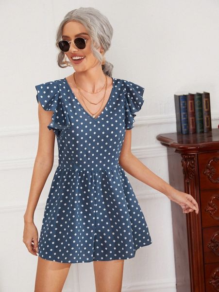 

butterfly sleeve polka dot romper v3so#, White