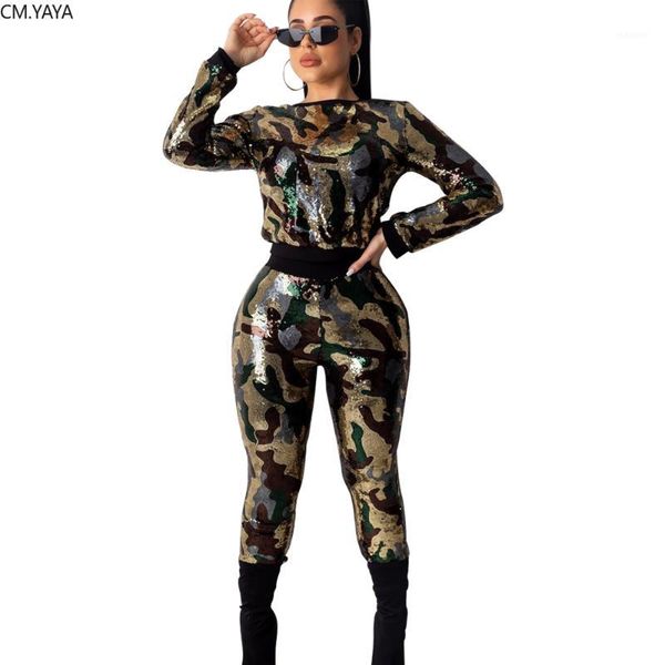 

new winter women sets o-neck full sleeve pants suits sequined camouflage two piece set casual tracksuit fitness outfits 70631, White