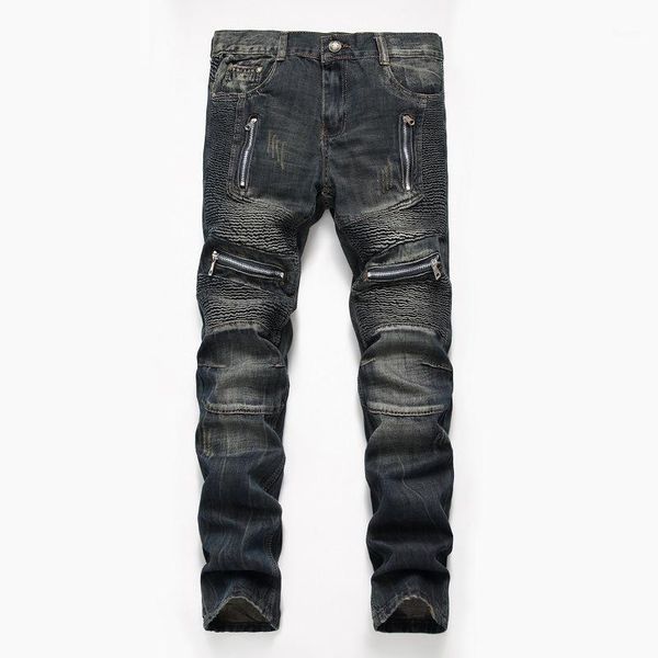 

pleated denim pants high street zipper jeans men pants men's plus size 29-42 retro motorcycle long jeans1, Blue