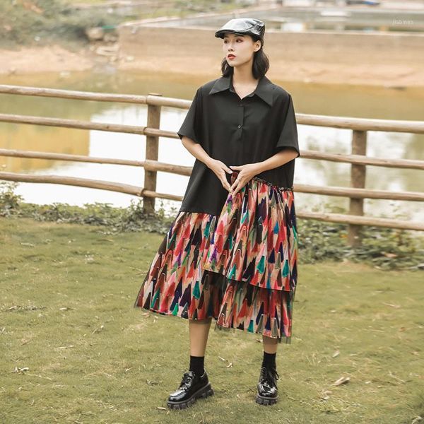 

loose plus size patchwork mesh print dress women clothes 2020 spring new fashion loose casual turn down collar dress dmy41321, Black;gray