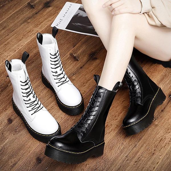 

women shoes genuine leather martin ankle boots chunky platform western gothic boots for women ladies shoes botines mujer 2020, Black