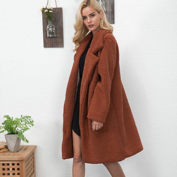 

2019 new teddy coat faux fur long coat jackets autumn winter women lamb fur solid thick jacket plus size clothes1, Black