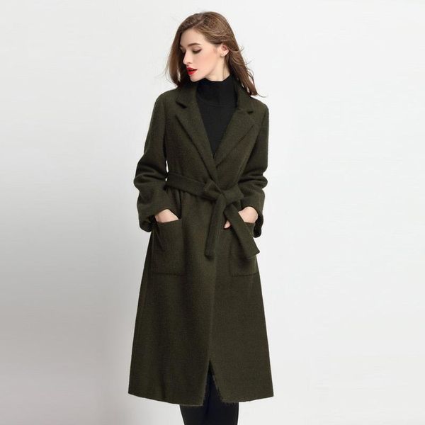 

autumn and winter new brand women's jacket belt slim long mohair woolen coat a-line glamour fashion outwear, Black