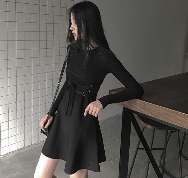 

long sleeves black women slim-high waist thin q3wx, Black;gray