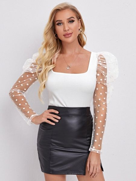 

flocked polka dot mesh gigot sleeve 75gq#, White