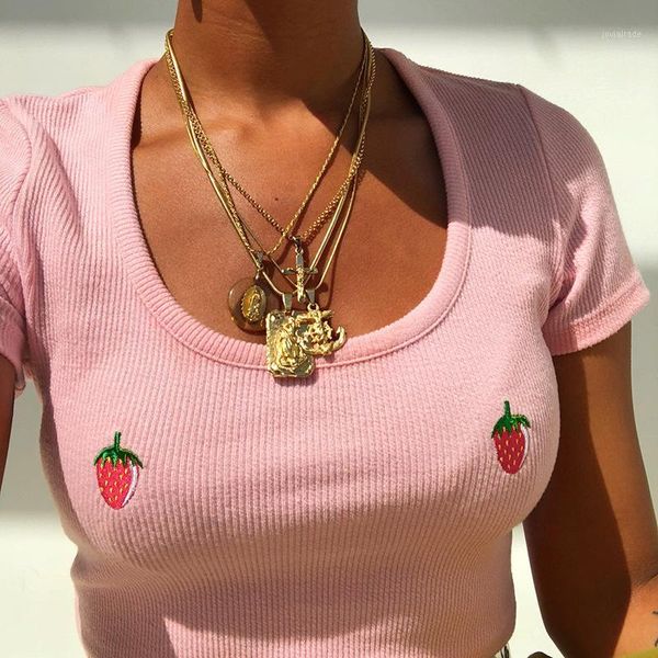 

women's t-shirt strawberry cherry embroidery pattern stretch slim vest women's cotton 2021 summer slimming sling small fresh1, White