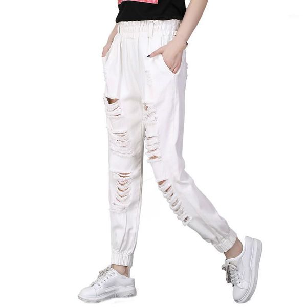 

white black high waist jeans woman 2019 korean women casual loose ripped hole denim pants trousers jeans femme plus size 5xl1, Blue