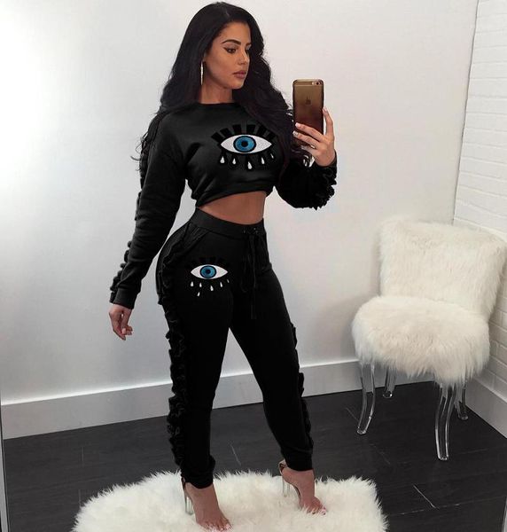 

women casual sequined eye round neck long sleeve crop and ruffled pant two piece sets dsf-80011, Gray