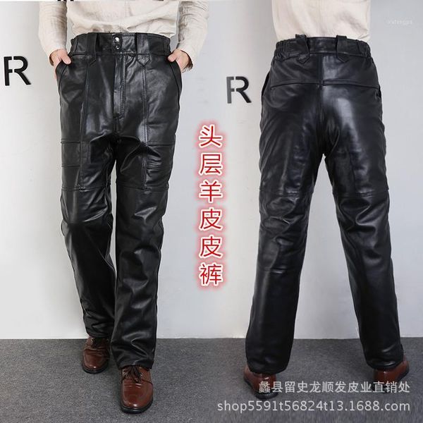 

autumn/winter 2020 men leather trousers to keep warm sheepskin pants splicing warm sheep pipi leisure trousers1, Black