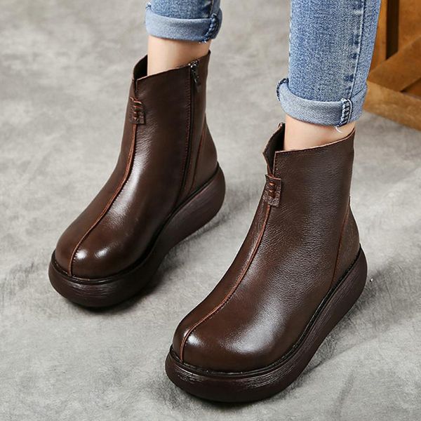 

boots winter luxury 100% genuine leather ethnic style retro thick-soled muffin soft-soled short round toe women's, Black