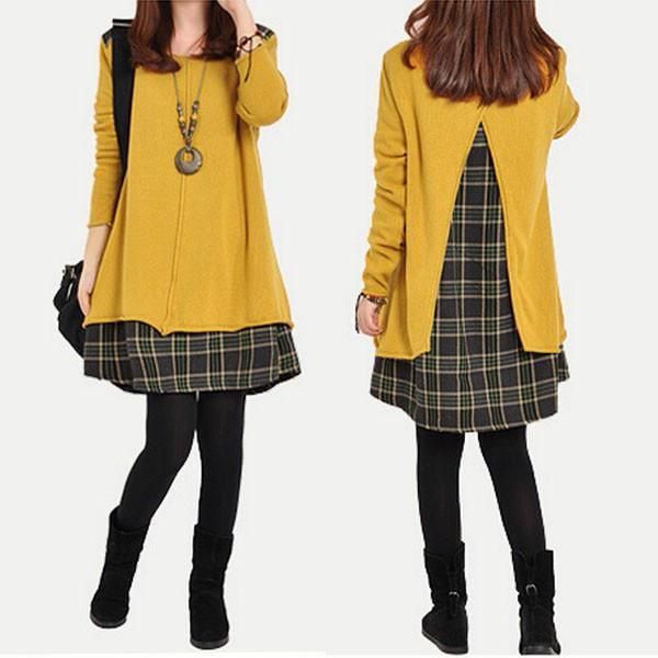 

2020 autumn winter women plaid spliced short dress long sleeve round neck loose casual party female vintage dresses plus size1, Black;gray