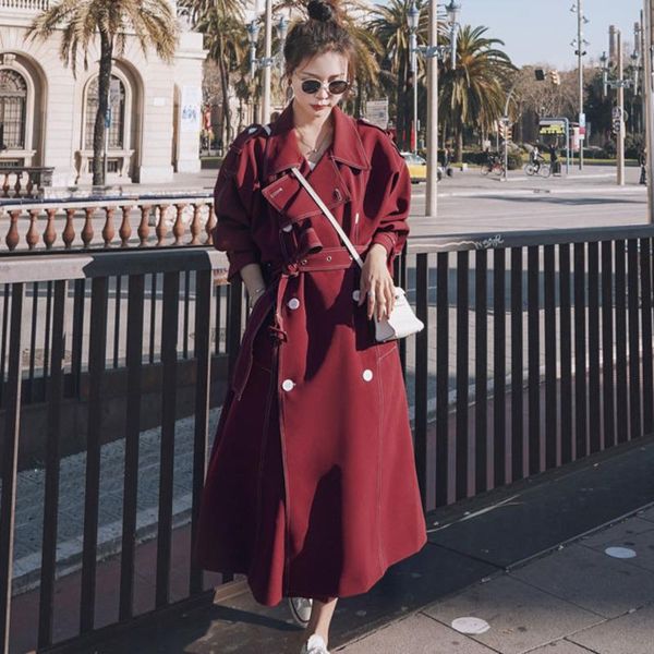 

women's trench coats [ewq] 2021 autumn long sleeve coat outwear plus size red windbreaker easy and clothing, Tan;black