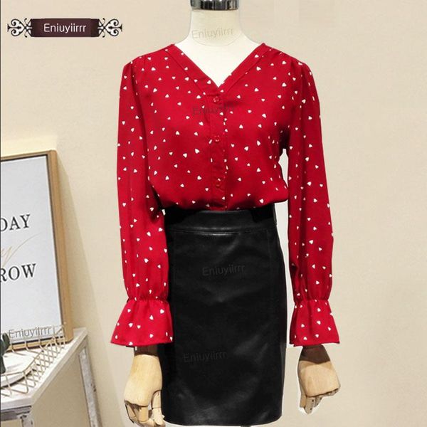 

women's blouses & shirts 2021 women flare sleeve korean style preppy girls v neck love dot button red black e721, White