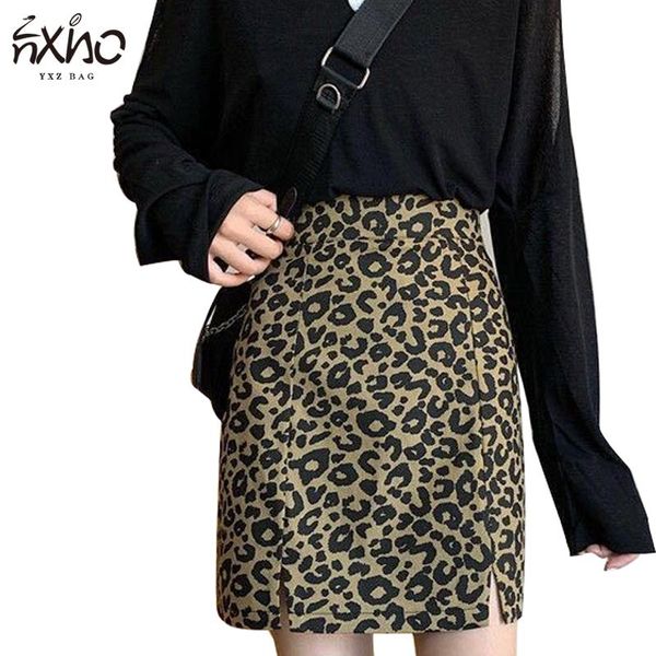 

new women leopard skirts fashion high-waist a-line short skirt korean ins trend female retro split casual all-match skirt, Black