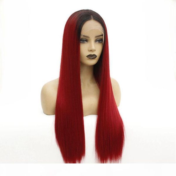 

black roots ombre burgundy middle part long straight color wigs synthetic lace front wigs for black women