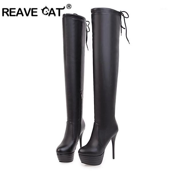 

reave cat size 34-43 women boot over knee boots zapatos femininos pu lace-up shoes women zipper high heel boots platform a10321, Black