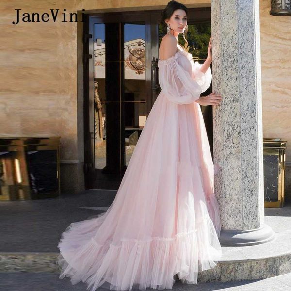 

janevini 2020 elegant pink plus size long prom dresses with sleeves sweetheart appliques beaded tulle sweep train vestidos festa, White;black