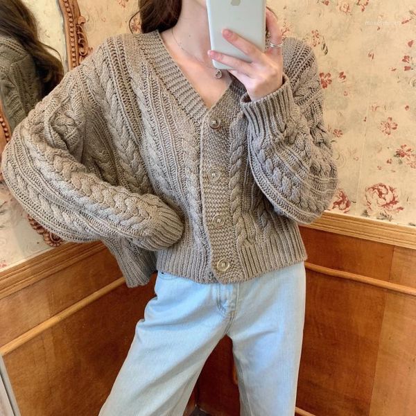 

women's knits & tees women chic solid color retro cardigans twisted all match casual sweater fall winter vintage knitted cardigan femal, White