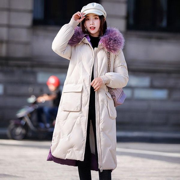 

2020 new winter jacket women faux fur collar jacket long hooded parka coat fashion warm pocket female coat, Black