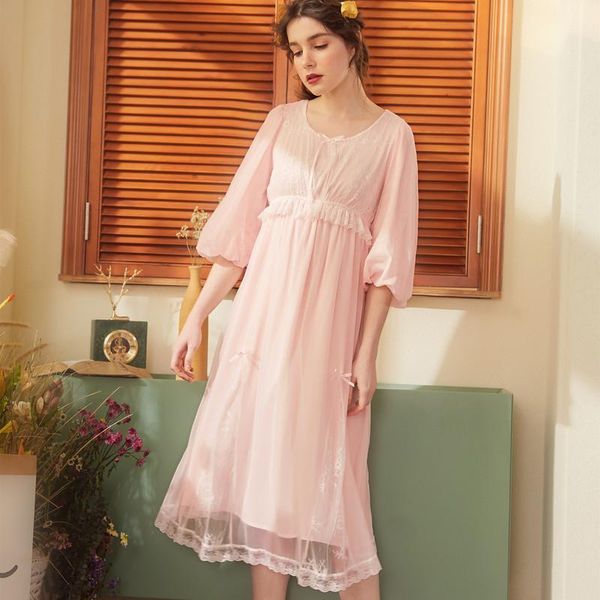 

roseheart pink blue women homewear female sleepwear night dress long lace o neck nightwear nightgown sleepwear court gown, Black;red