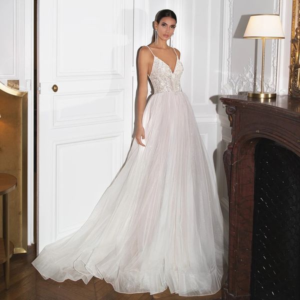 

2021 new v neck a line wedding spaghetti straps beading applique tulle sweep train vestidos de novia backless bridal gown 3xef, White