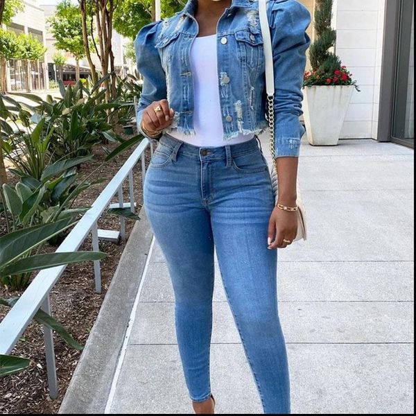 

autumn hole womens denim jacket coats plus size puff sleeve vintage lady jean jackets single breasted fashion coat female, Black;brown