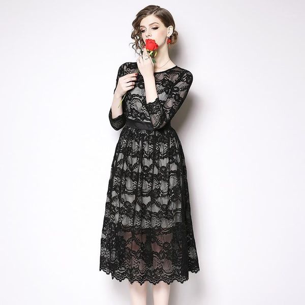 

new arrival 2020 spring hollow out party elegant women three quarter sleeve floral lace dress high end women dresses selling1, Black;gray