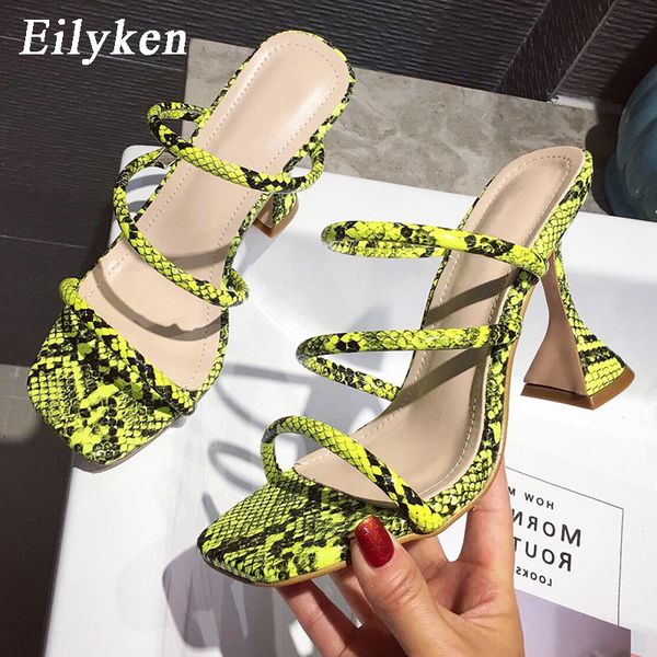 

eilyken 2020 new apricot green snake print slippers sandals women open toed block heel mules slippers slides x1020, Black
