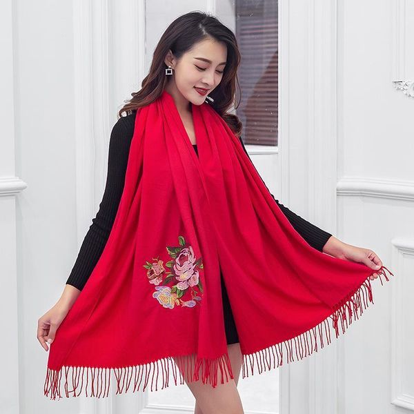 

2020 warm embroidered thick ethnic style big shawl imitation cashmere embroidery gold silk peony ladies scarf, Blue;gray