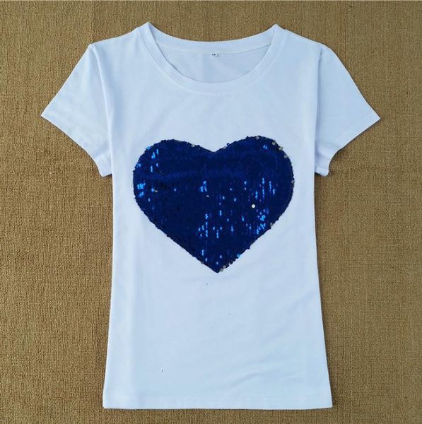 

Summer Mode Women Blue Hearts Lantejoulas T-shirt Pev9, White