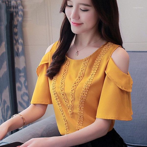 

new fashion women blouses summer open shoulder ladies lace patchwork shirts butterfly sleeve chiffon blouse1, White