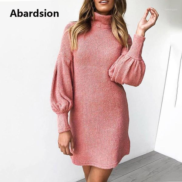 

abardsion women sweater dress autumn winter clothes 2019 female casual loose pink puff long sleeve turtleneck knitted dresses1, Black;gray