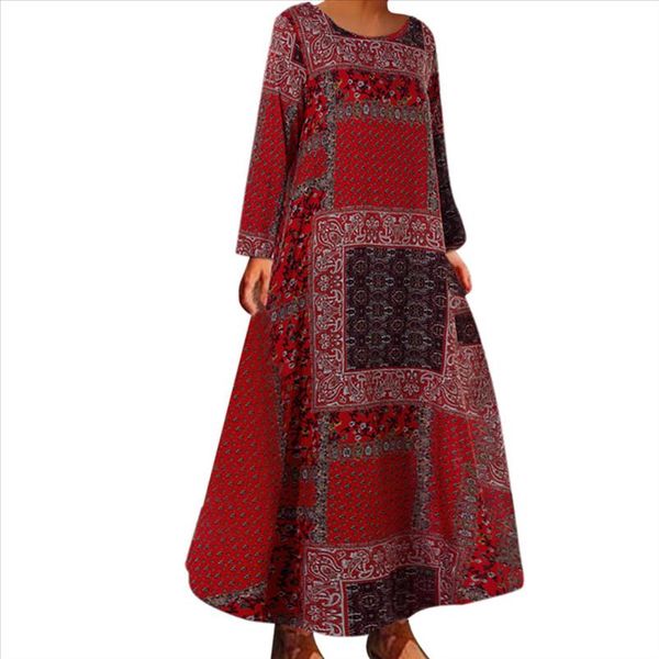 

dress women elegant plus size dress autumn winter midi ladies casual bohemian print long sleeve o neck vestidos, Black;gray