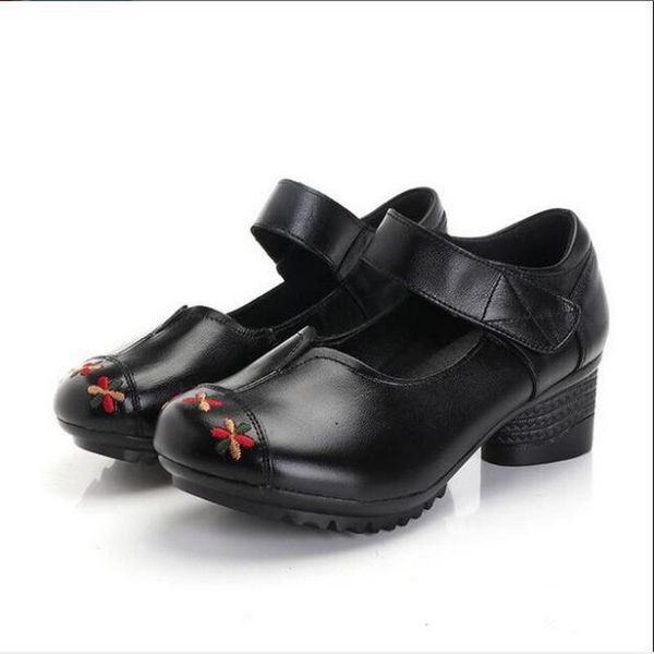 

2020 autumn high heels women genuine leather comfortable work shoes woman thick heels pumps casual women single shoes, Black