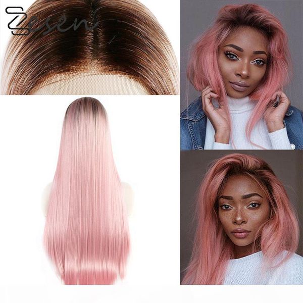 

zesen long ombre pink wig silky straight synthetic lace front wig for women heat resistant wigs, Black