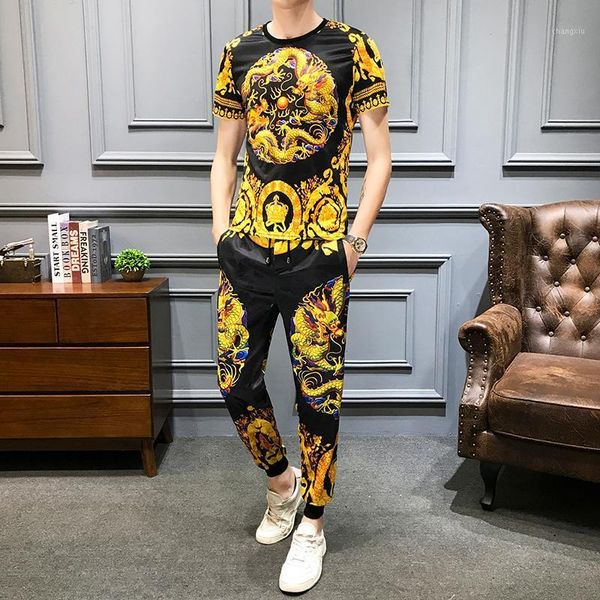 

golden dragon print men's sportswear summer t-shirt pants casual suits 2pcs tracksuit men sweatsuit men clothes1, Gray