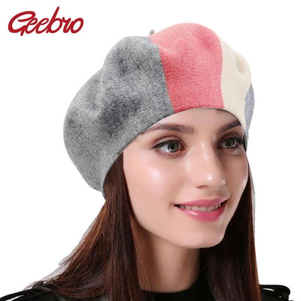 

geebro women sweet cashmere hat fashion french style candy color wool beret warm patchwork winter cap for ladies female gift, Blue;gray