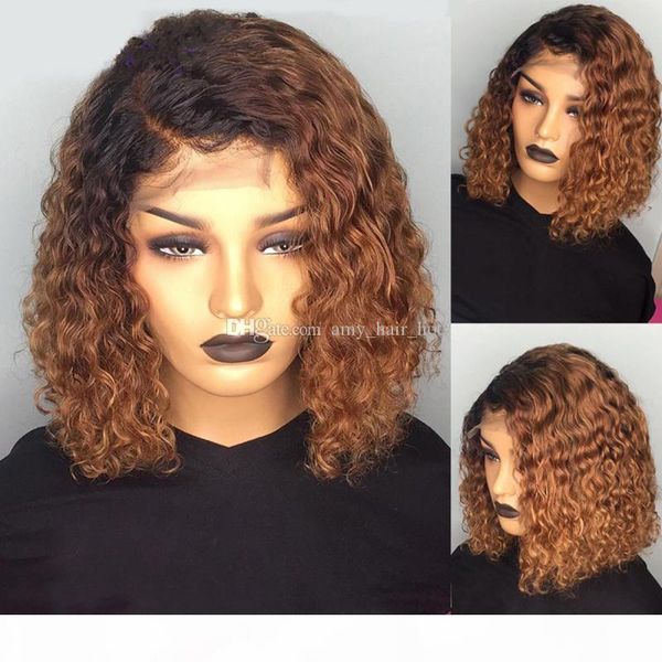 

ombre wigs 1b 30# short bob curly wavy lace front wigs silk full lace wig for black women, Black;brown