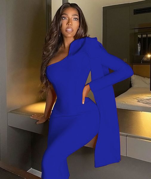 

blue new women bandag dress one shoulder long sleeve bow tight fit split club celebrity party bodycon autumn dress 2020, White;black