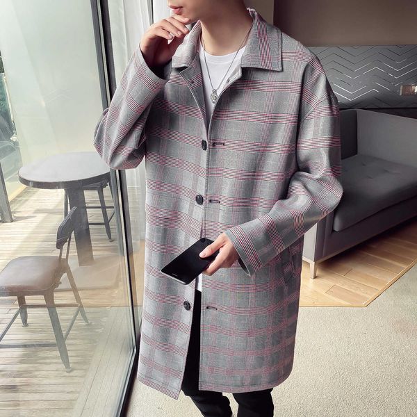 

autumn and winter 2020 new plaid windbreaker medium length loose casual men's korean slim tweed coat, Tan;black