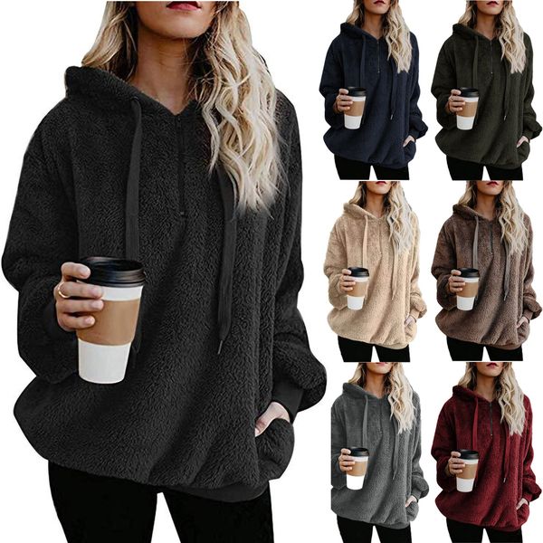 

5colours s-3xl womens winter outwear warm teddy bear patchwork long sleeve zipper soft fluffy fleece fur jacket pockets plush coat, Black