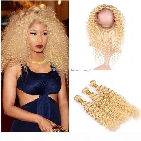 

#613 platinum blonde 360 lace frontal closure with bundles 9a malaysian deep curly wave human hair wefts with 360 full lace frontal closure, Black;brown