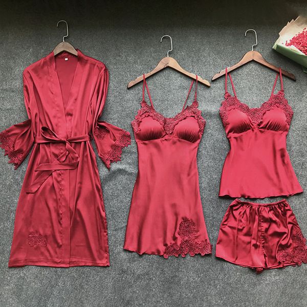 

pyjama pieces women pajamas sleepwear satin silk with pads strap 4 sleep sets lounge pijama nightwear chest spaghetti 2019 dnqae