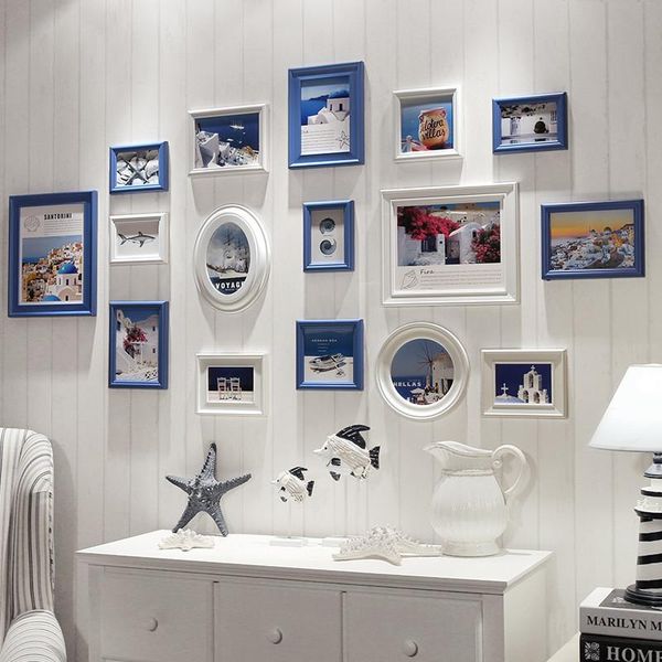 

2021 16pcs/set mediterranean style p frame,picture frames on the wall,white blue frames picture colour wood 16 pcs/set