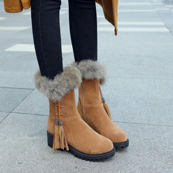 

pxelena faux fur tassel snow boots women 2020 winter warm square med heels ankle boots female shoes comfort casual plus sz 34-43, Black