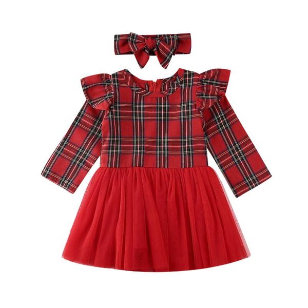 

emmababy 2021 winter christmas 0-3y toddler baby girl 2pcs set red plaid back zipper tulle dress+headband patchwork clothing, Red;yellow